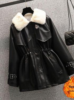 秋冬季新款时尚气质收腰毛领棉衣女时尚皮毛一体机车加绒皮衣外套
