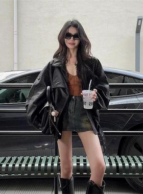 黑色覆古机车翻领pu皮衣外套女酷飒风爆款2025春秋新款皮夹克上衣