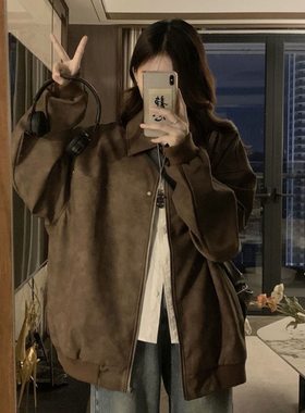 美式复古棕色翻领外套女2025春秋款仿麂皮绒高级情侣百搭休闲夹克