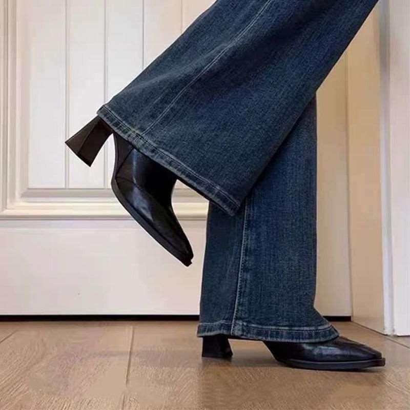 法式尚圆头气质高跟瘦瘦靴英伦风新复5古后拉链弹2力时短靴20秋款