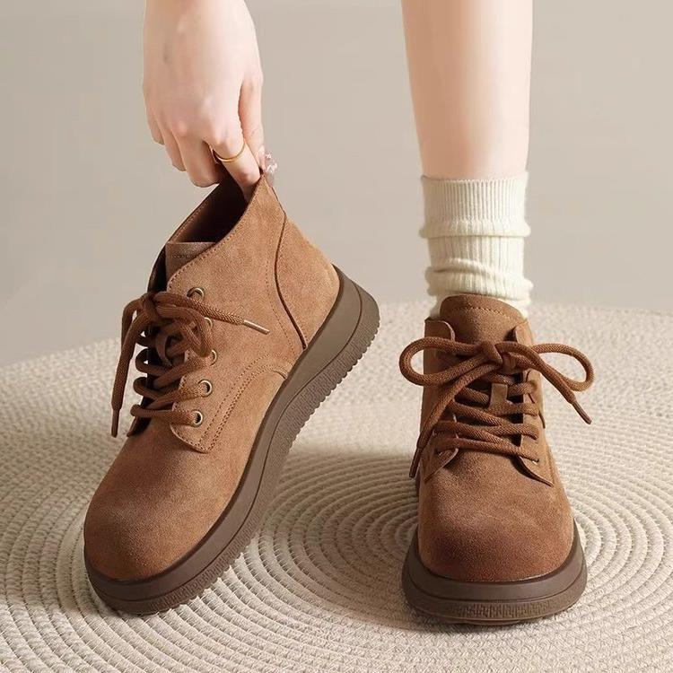 复风磨砂皮马丁靴女英古伦025秋冬新款百搭2系带休厚底闲棕色短靴