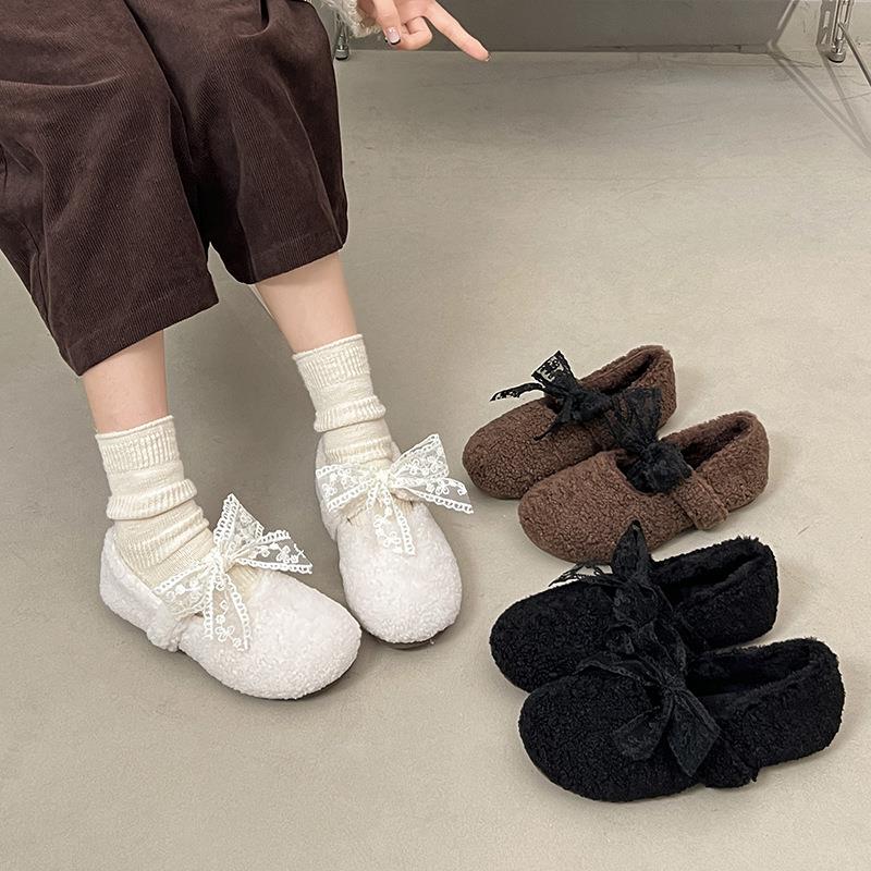 爱仙女鞋毛毛可蝴蝶棉结豆豆鞋冬加绒鞋一脚蹬外穿新季品单鞋白色