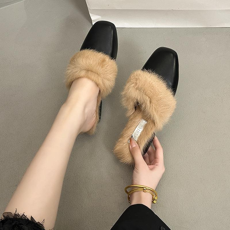 毛拖鞋女毛气外穿2冬025年秋粗跟高跟法式感头包棉拖质穆勒鞋百搭