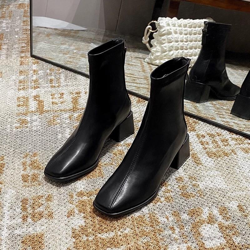 复时粗跟百搭新丁靴女2025年秋冬季款法马式方古头加绒尚保暖短靴