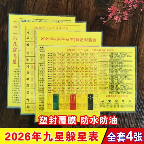 2026丙午年九星躲星表 九星年龄对照表 生肖速查塑封防水学习卡