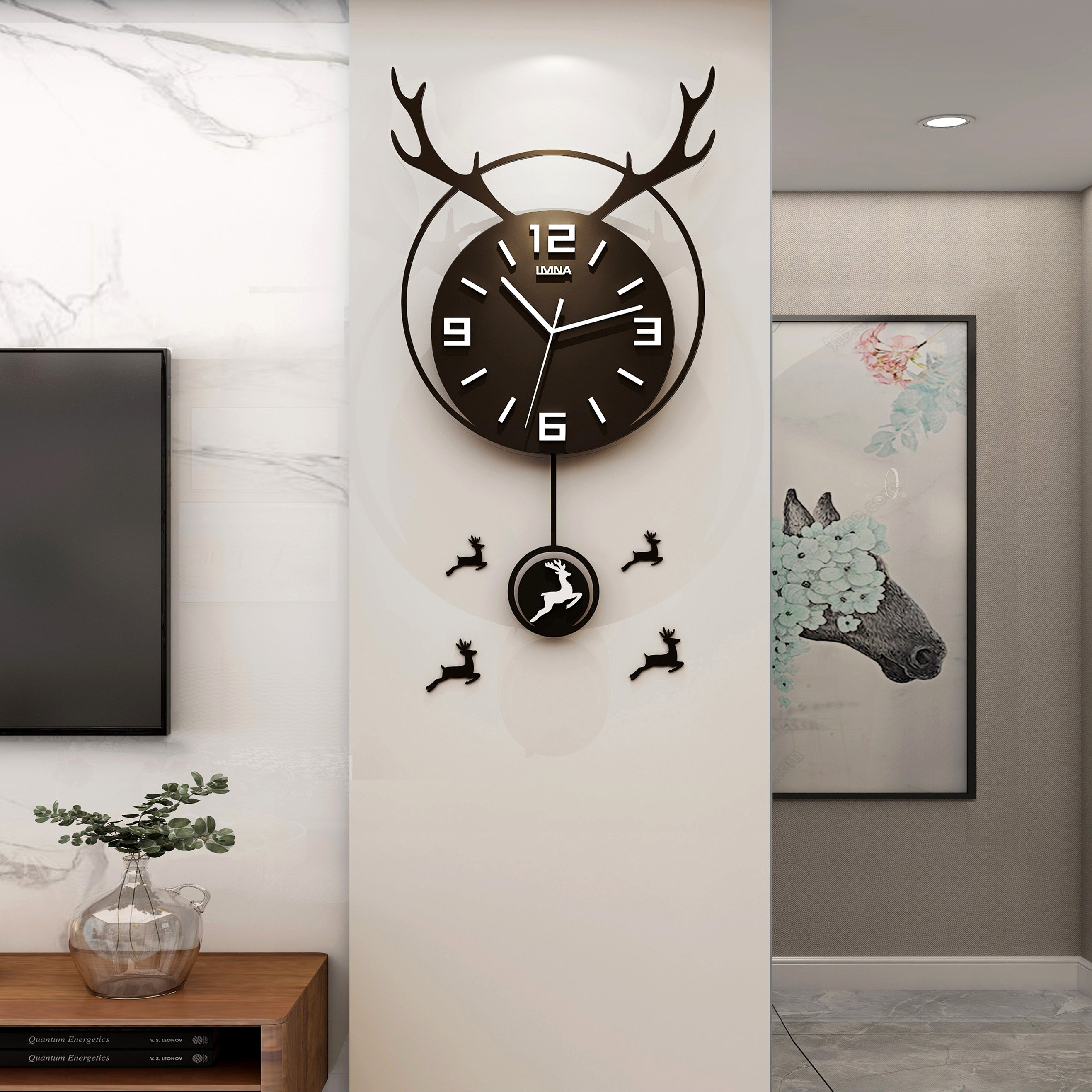 北欧鹿头挂钟客厅家用时尚轻奢网红挂表个性创意挂墙静音石英钟表