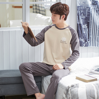 男士春秋季纯棉长袖套装韩版青少年中学生外穿休闲大码全棉家居服 番茄团
