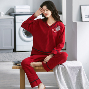 韩版休闲V领薄套装纯棉睡衣女