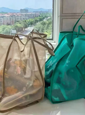 儿童沙滩玩具收纳袋大容量网兜游泳户外海边玩沙工具ins包网纱包
