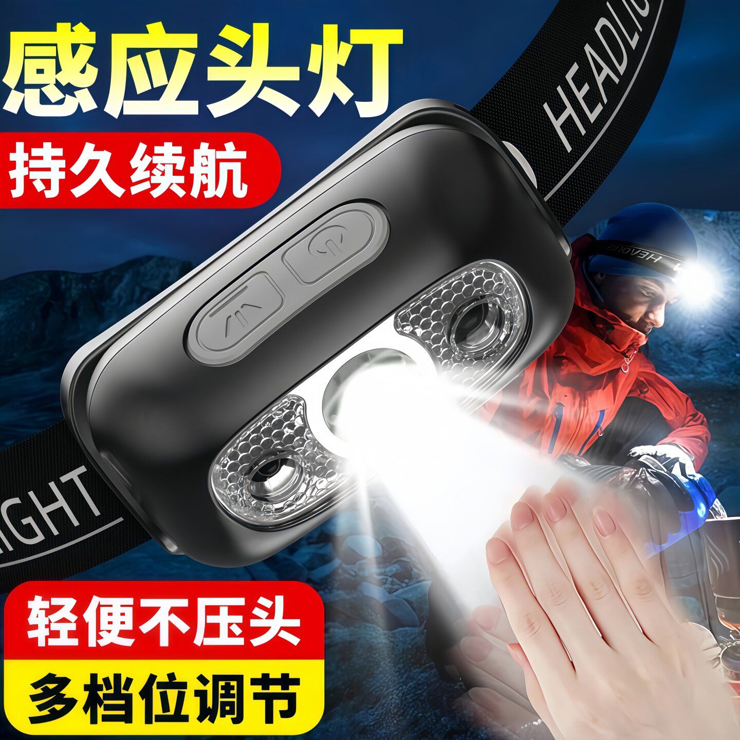 新款感应头灯头戴式强光头灯可充电夜钓鱼适用轻便携式抗水头灯