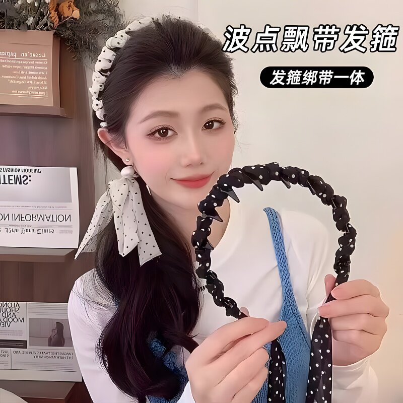 波点飘带发箍女2025新款丝巾绑发一体高级感气质百搭编发头饰发饰