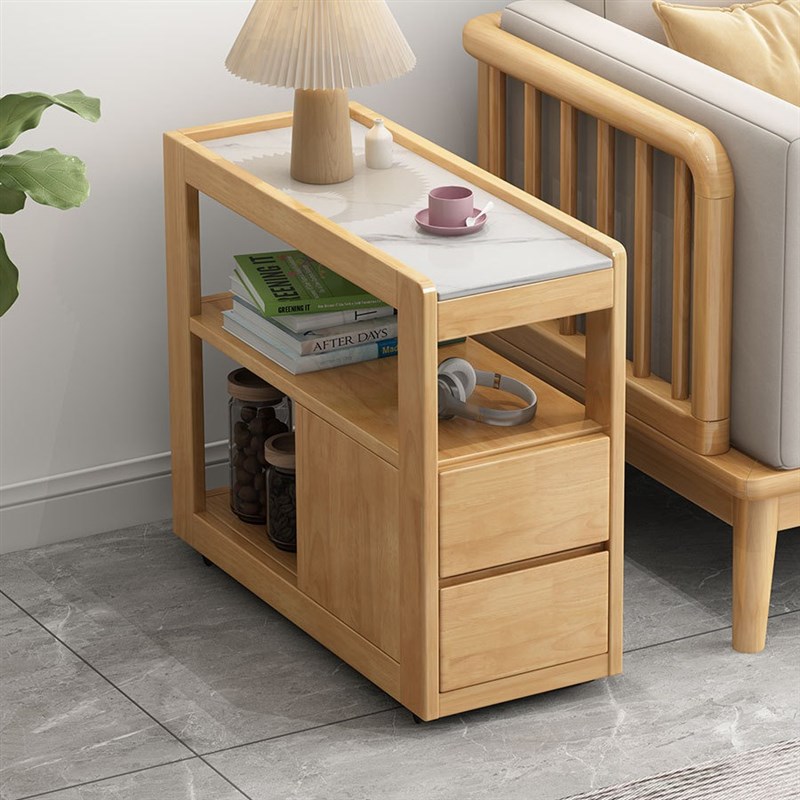 实木可移动沙发边几小茶几客厅阳台沙发侧板柜带滑轮迷你岩板角几