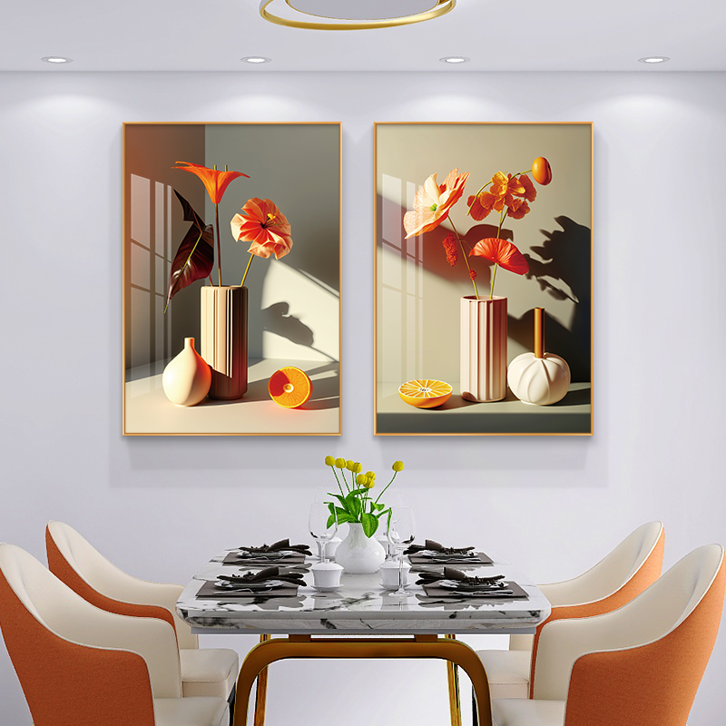 餐厅装饰画现代简约高档饭厅背景墙壁画花卉花瓶两联组合客厅挂画图片