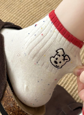 白色卡通袜子女款小狗刺绣短袜秋冬季纯棉透气短筒袜可爱网眼日系
