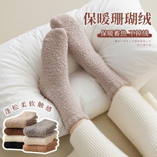 加厚珊瑚绒袜子女秋冬季加绒保暖睡眠袜居家地板袜冬天中筒毛巾袜
