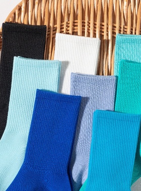 潇潇玲珑阁天蓝色袜子女秋冬季纯棉无骨运动中筒袜克莱因蓝长筒袜