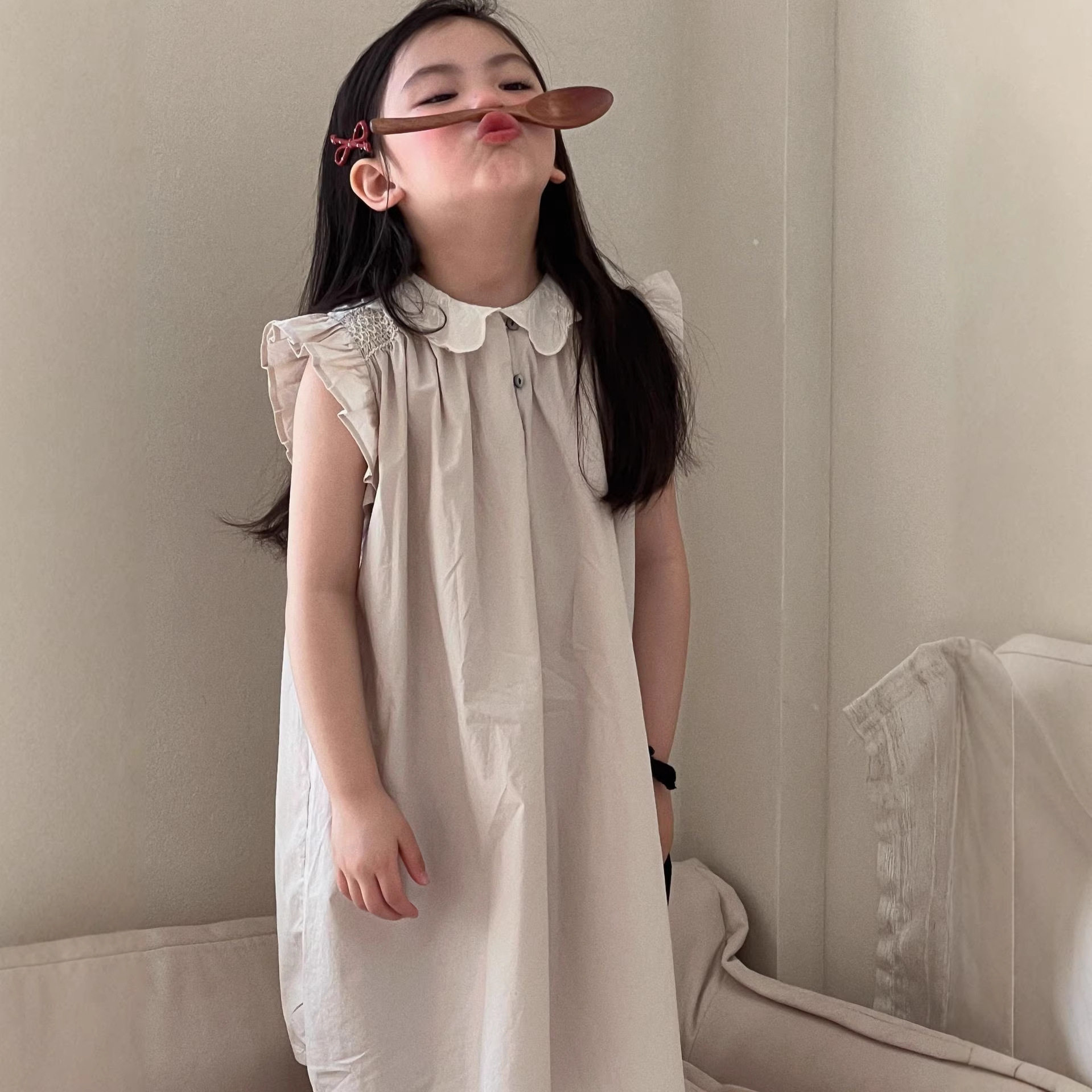2026春夏新款女童短袖全棉长裙纯色翻领飞袖连衣裙韩版纯色裙子