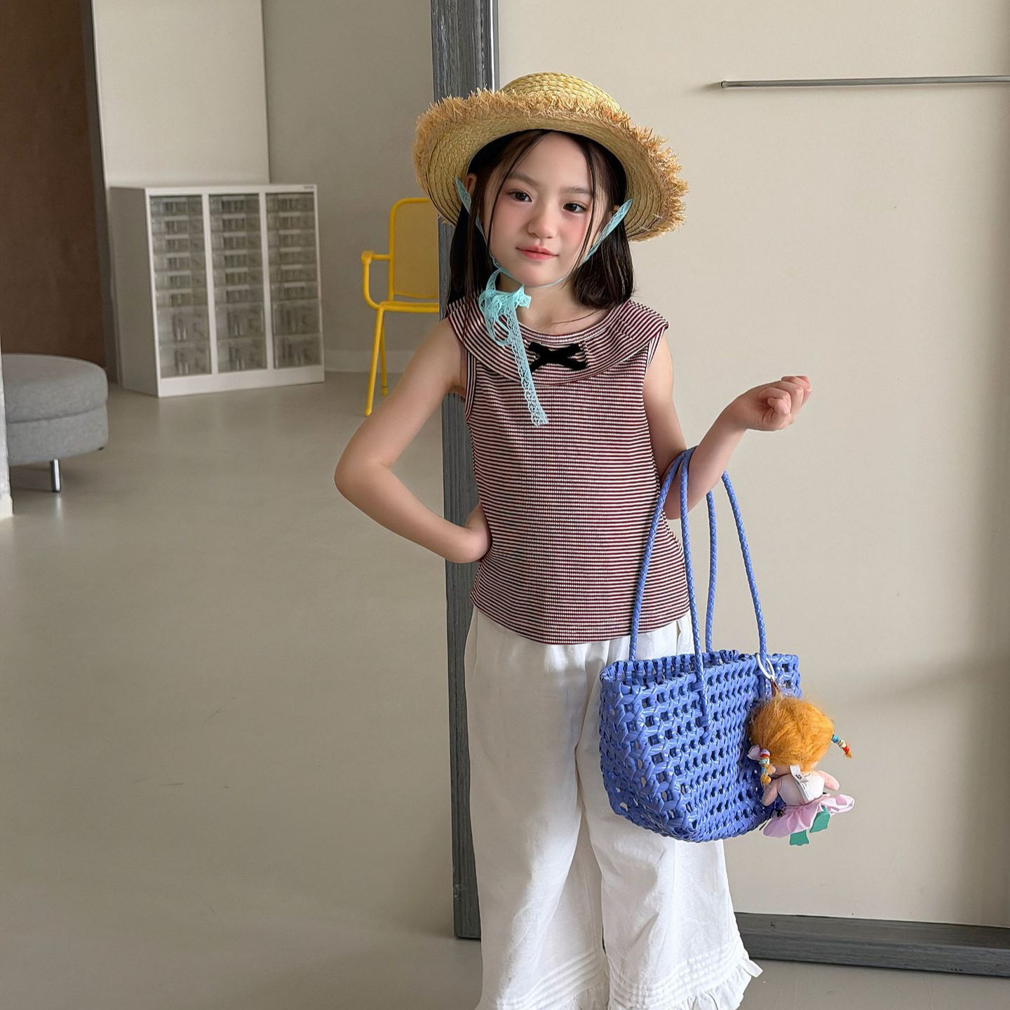 女童背心2026夏季韩版儿童条纹薄款无袖上衣打底衫宝宝蝴蝶结背心