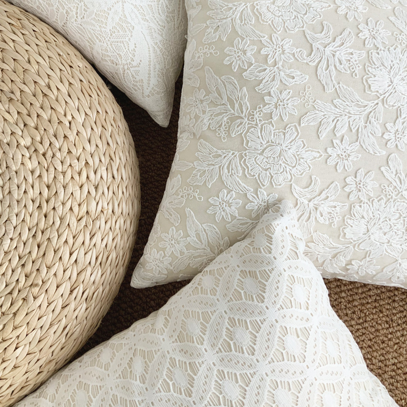 法式轻奢蕾丝大花抱枕ins棉麻碎花沙发靠垫套立体绣花方形抱枕套
