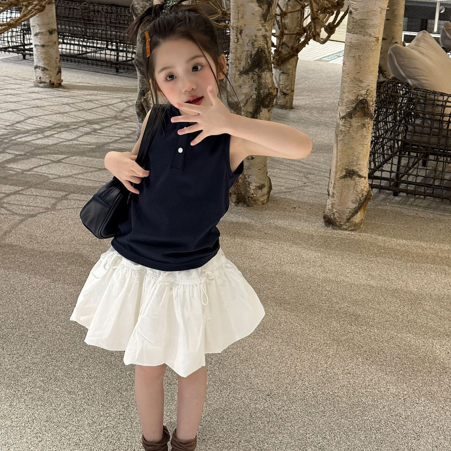 女童2026夏季韩版连帽polo衫黑色无袖上衣打底衫薄款透气T恤