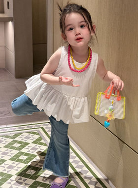 2026夏季新款女童亚麻棉娃娃衫白色无袖上衣背心牛仔喇叭裤套装