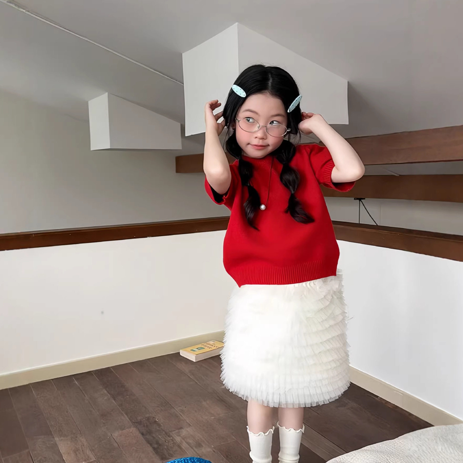 女童针织上衣纱裙儿童夏季洋气百搭宝宝短袖针织女孩半身裙套装潮