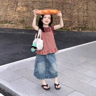 2026女童春夏装韩版童装上衣小女孩复古红色格子吊带打底衫两件套