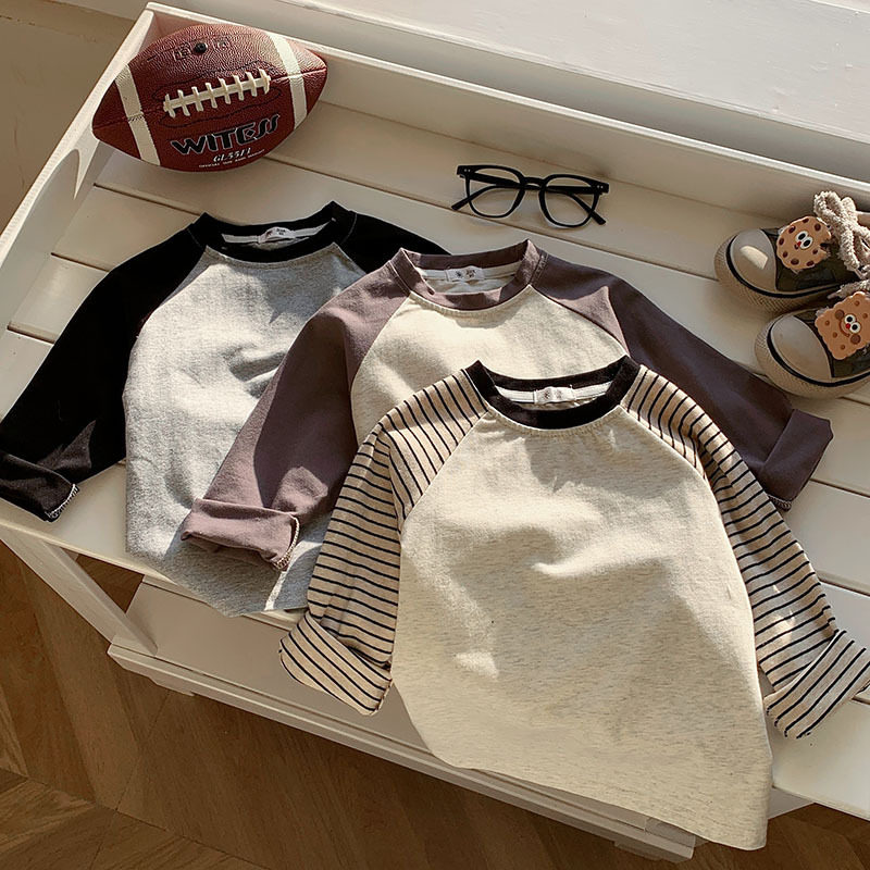 男女童休闲插肩袖T恤韩版潮流设计感拼色软糯长款圆领秋衣上衣