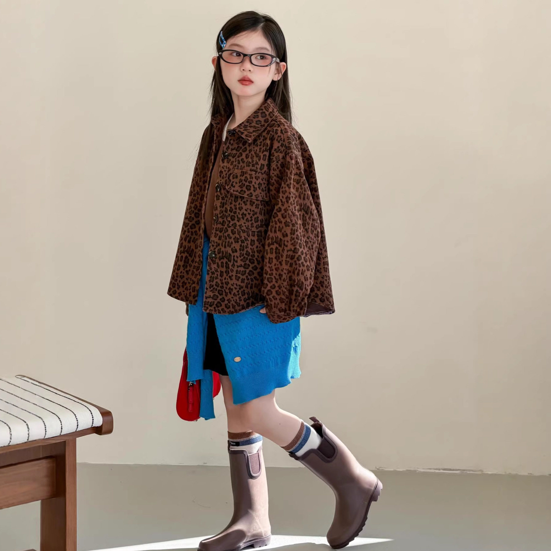 2026春款美式复古豹纹外套中童女宝长袖牛仔棉衬衫夹克开衫上衣