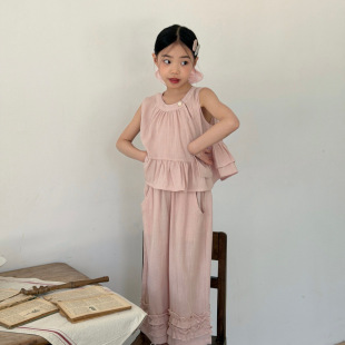 女童2026夏季新款韩版仿亚麻无袖上衣阔腿裤套装女孩荷叶边两件套