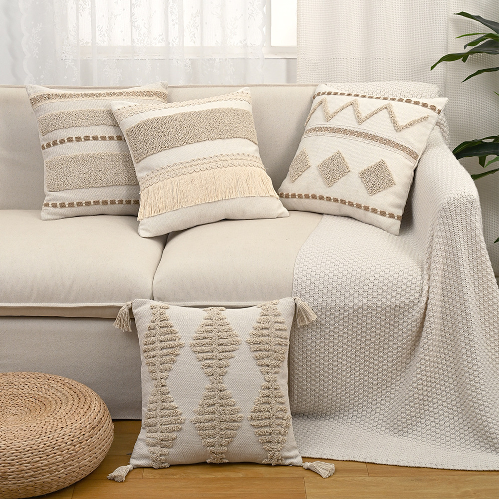 北欧手工棉麻波西米亚簇绒抱枕床头靠垫套民宿沙发抱枕套家用靠枕