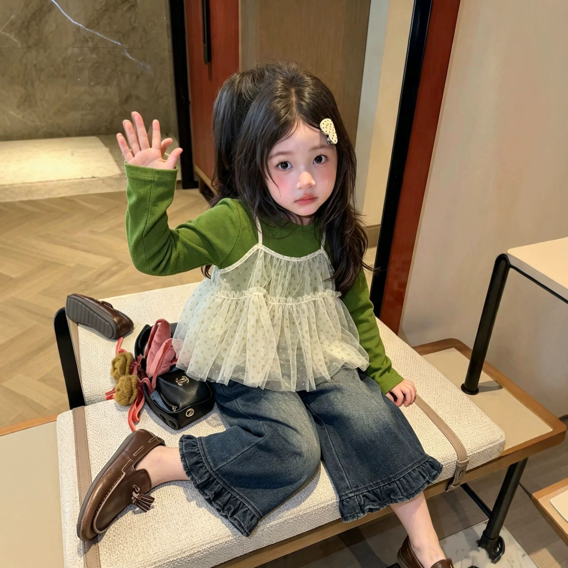 女童波点吊带网纱马甲打底衫套装秋季新款儿童叠穿上衣宝宝牛仔裤