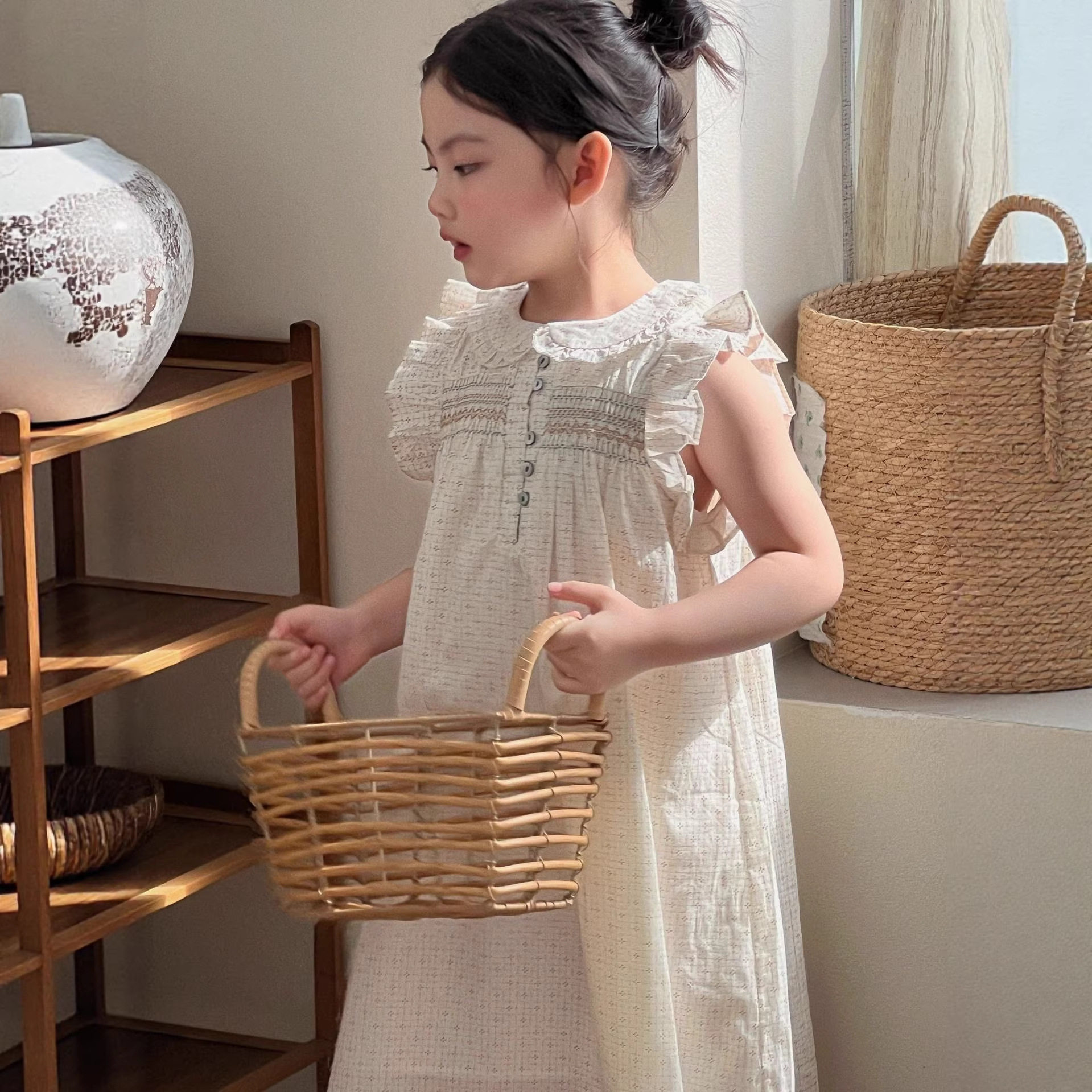 2026夏季新款田园风洗水全棉中小女童拼接飞袖连衣裙韩系碎花裙子