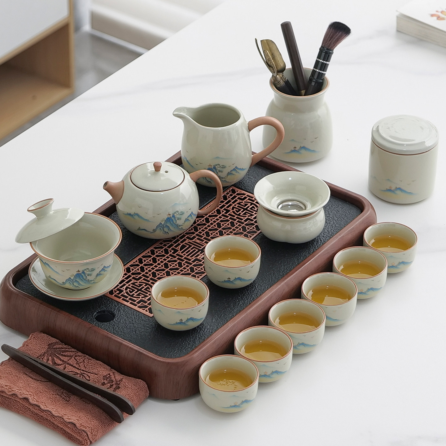 轻奢高档汝窑茶具套装家用泡茶陶瓷茶杯办公茶壶泡茶具套装送长辈