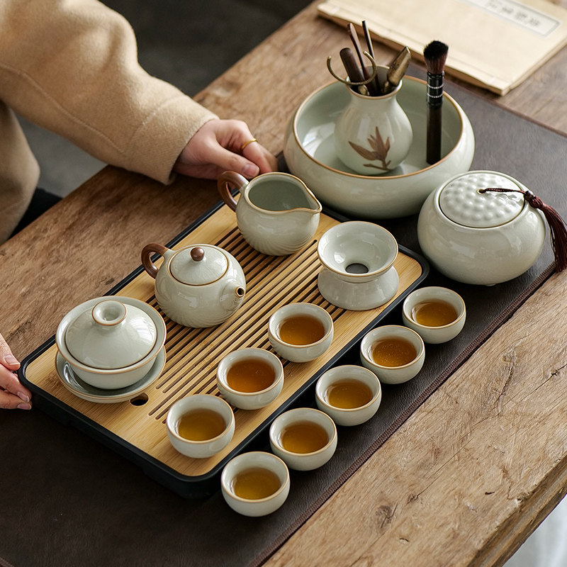 美甚米黄汝窑功夫茶具套装家用轻奢高档中式陶瓷茶壶盖碗茶杯茶盘