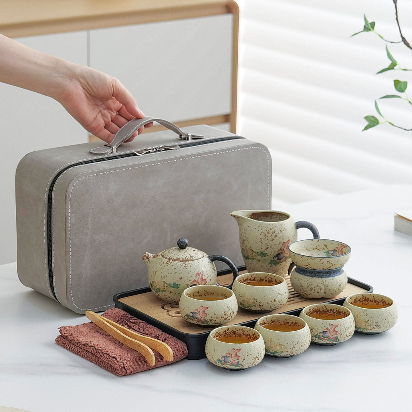 火石红陶瓷功夫茶具全套组茶盘泡茶套装旅行车载外出露营便携装备