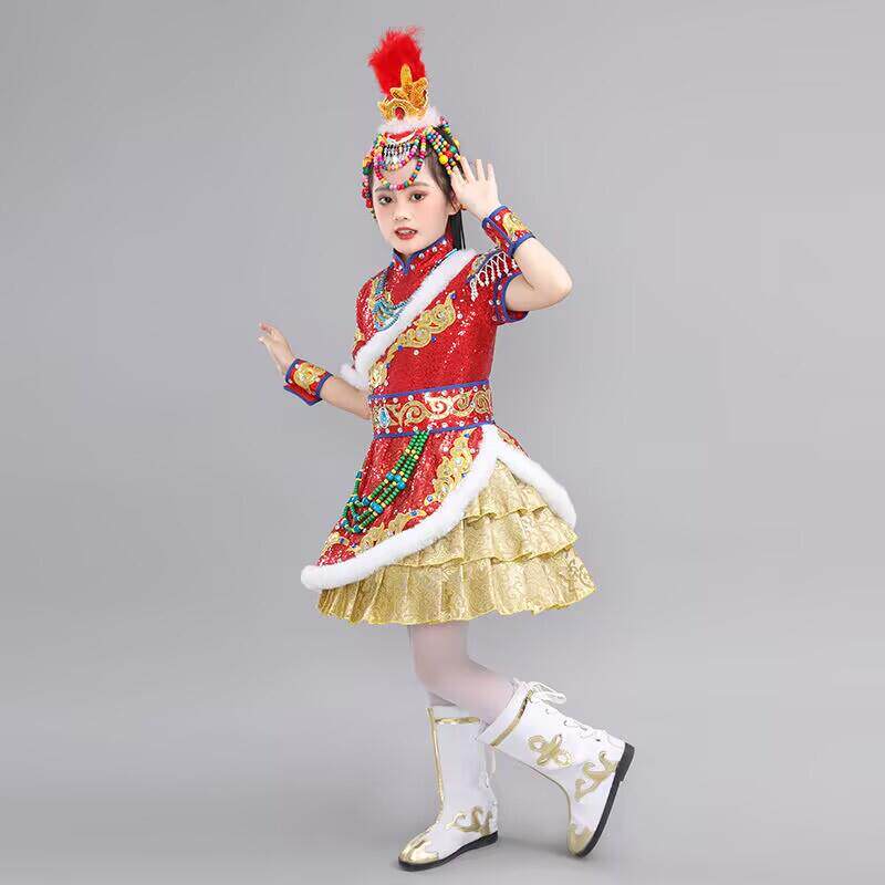 新款藏族民族舞台独唱表演服红原卓卓玛中童快乐阳光儿童演出服