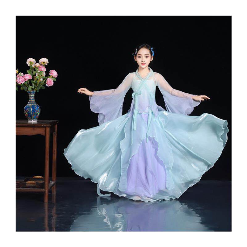 锦瑟舞蹈儿童蝴蝶仙子袖青紫印花渐层色练功服古典舞服女童大摆裙