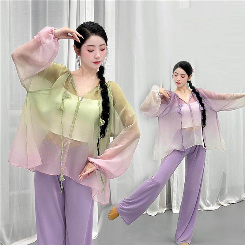 新古典舞蹈服装上衣渐变飘逸纱衣超仙中国舞现代舞宽松练功服罩衫