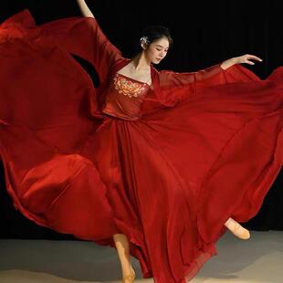 新款古典舞蹈服装古风大摆裙练功演出服飘逸开衫上衣长款红色纱衣