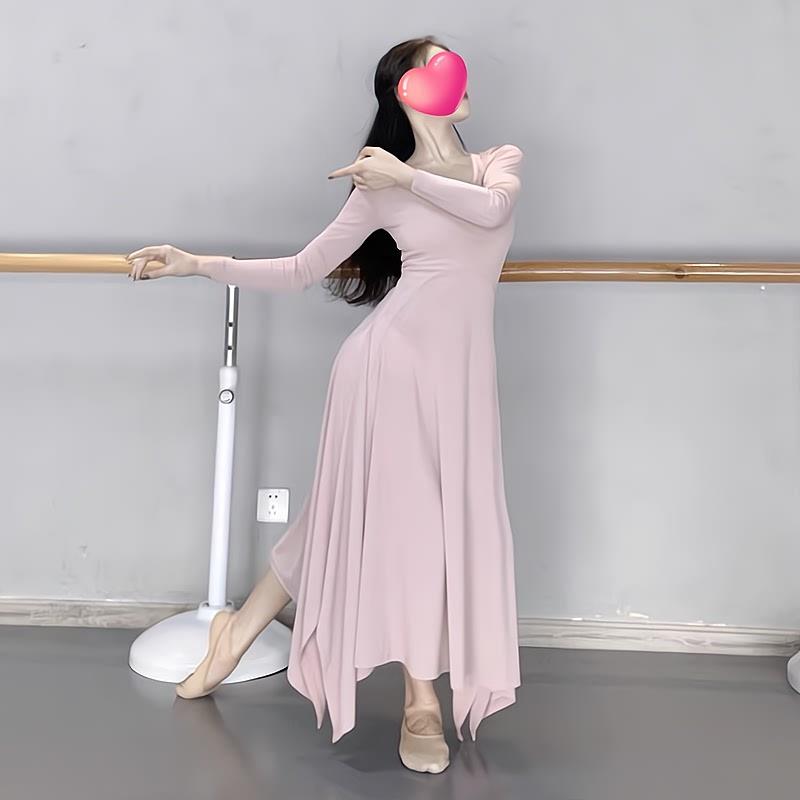 现代舞弹力练功服艺考服U领垂感显瘦高腰螺纹旗袍式古典舞蹈裙子