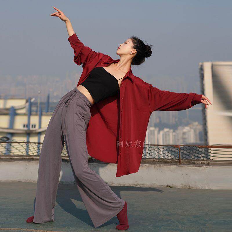 现代舞衬衫宽松大码垂感好绸缎练功服薄款飘逸男女同款舞蹈演出服