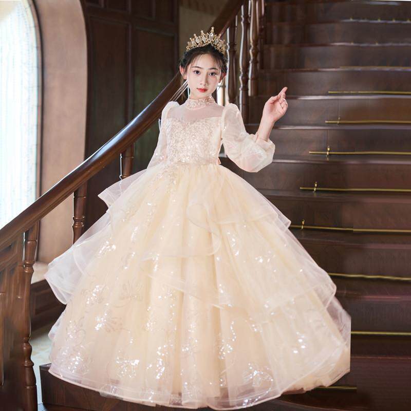 花童礼服女童公主裙钢琴演出服婚礼新款小女孩生日主持人长袖高端