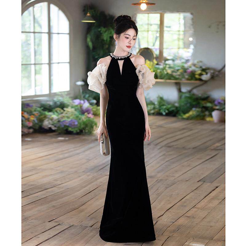 黑色挂脖晚礼服2025新款高端轻奢高级感绝美成人宴会主持人鱼尾裙
