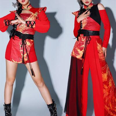 中式舞蹈服装红色民族潮流舞台服装击鼓服装年会表演服装爵士舞蹈