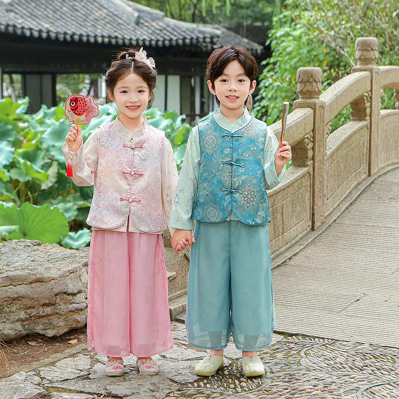 儿童新中式春秋国风汉服男童古风帅气唐装女孩古装日常马甲三件套