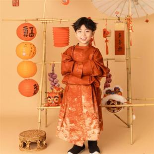 汉服男童唐装晕染红袍裤子套装中国风复古儿童古装拍照服装拜年服
