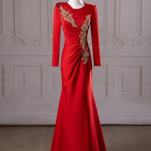 红色晚礼服端庄大气2025新款高端宴会主持人艺考民族声乐独唱长裙