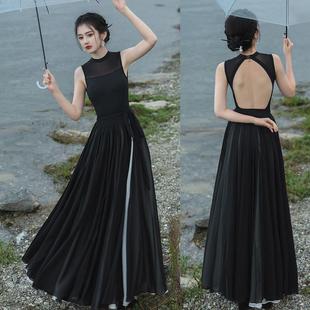 中国古典舞蹈练功服旗袍黑色显瘦古风现代爵士舞练功纱裙演出服装