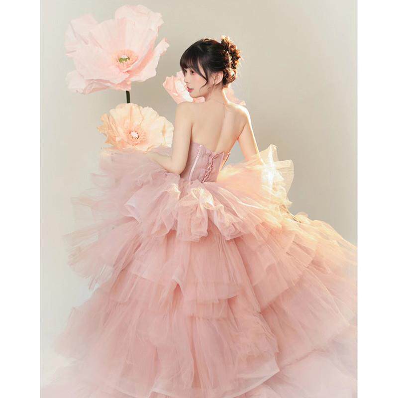 晚礼服裙宴会女气质高级感粉色轻婚纱订婚蓬蓬纱公主裙生日成人礼